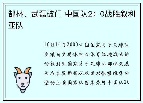 郜林、武磊破门 中国队2：0战胜叙利亚队